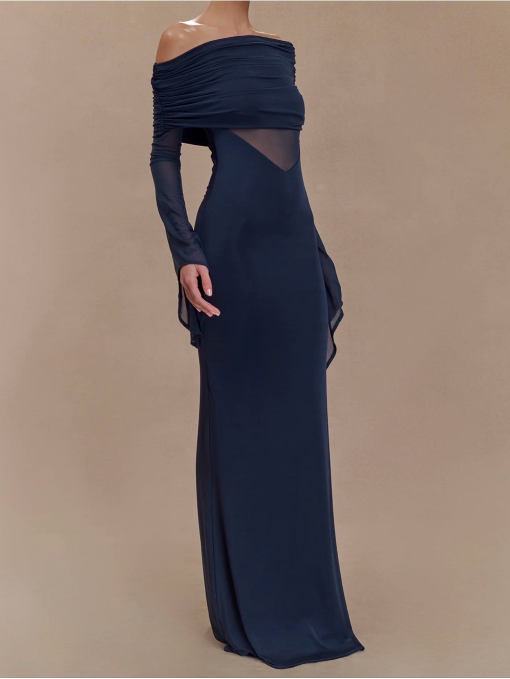 Meshki Navy Blue Off-Shoulder Long Sleeve Evening Gown - Picture 3 of 10